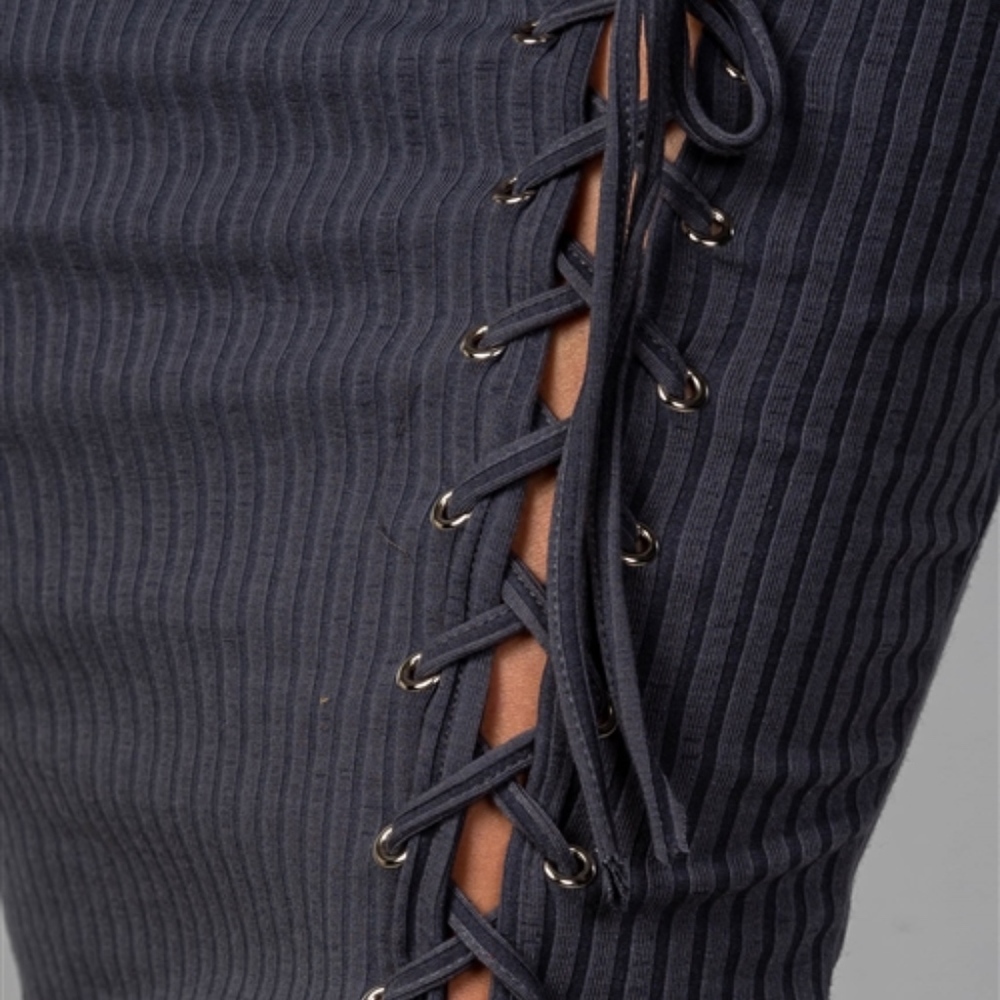 RIBBED LACE-UP BODYCON MIDI DRESS in SLATE - Picture 4 of 6